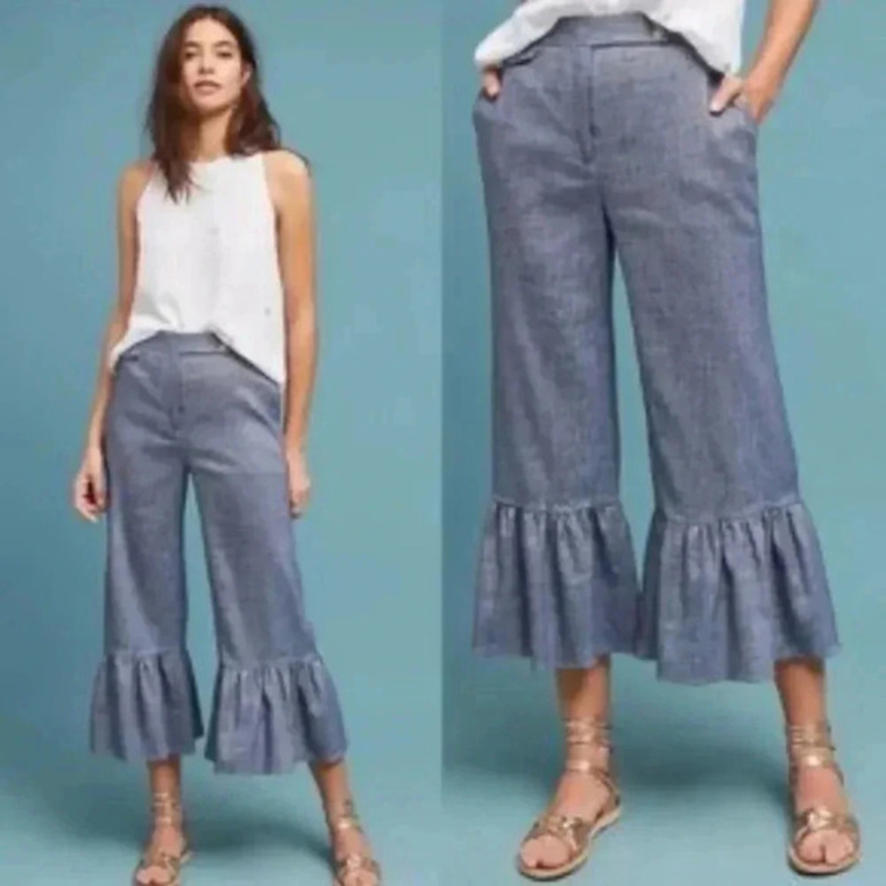 Anthropologie Blue Cropped Ruffle Pants